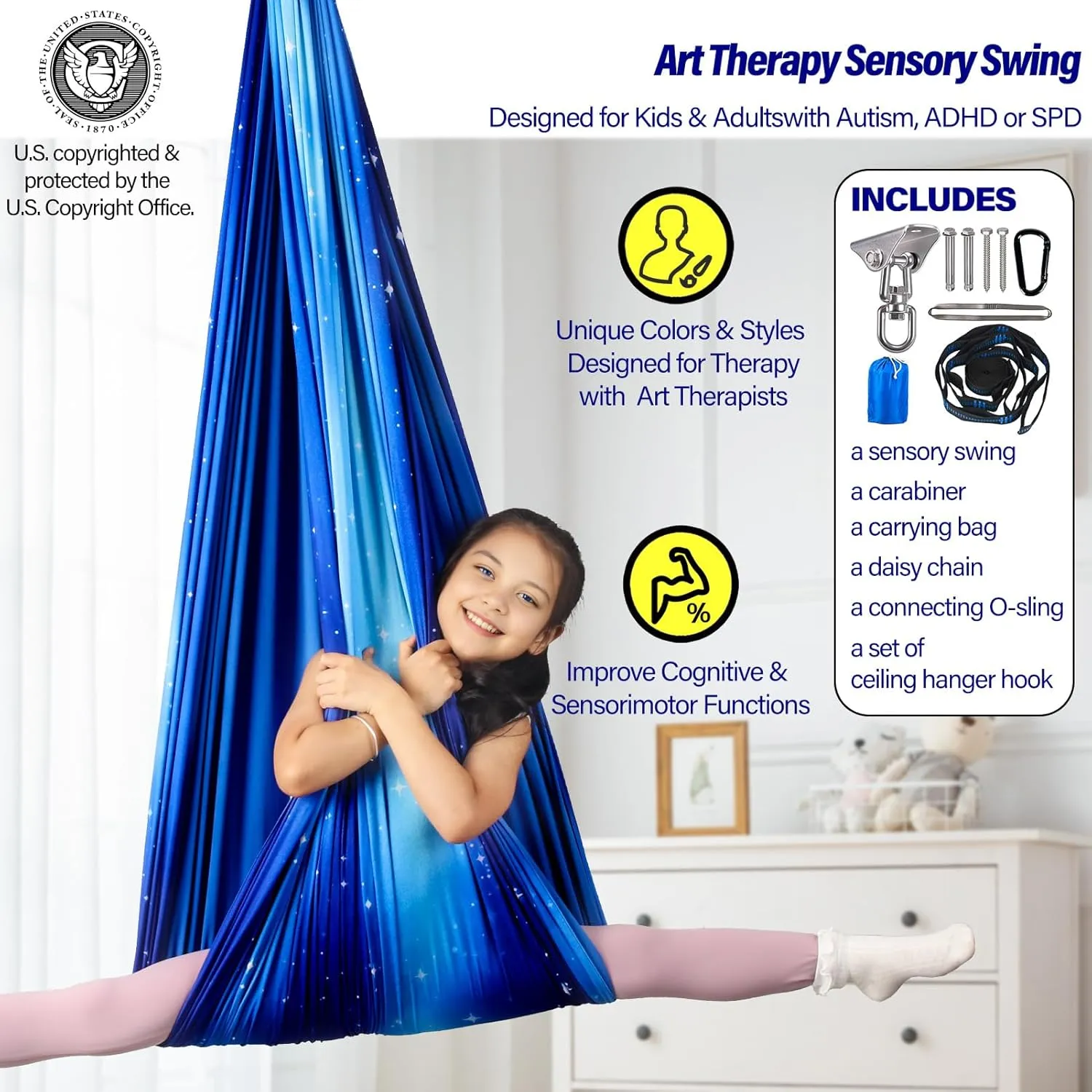 Sensory Swing for Kids & Adults Holds up to 300lbs Indoor & Outdoor Double Layer Therapy Cuddle Swing with 360° Swivel Hanger Kit for Calming, Effect for Autism, ADHD or SPD. (Star Blue)