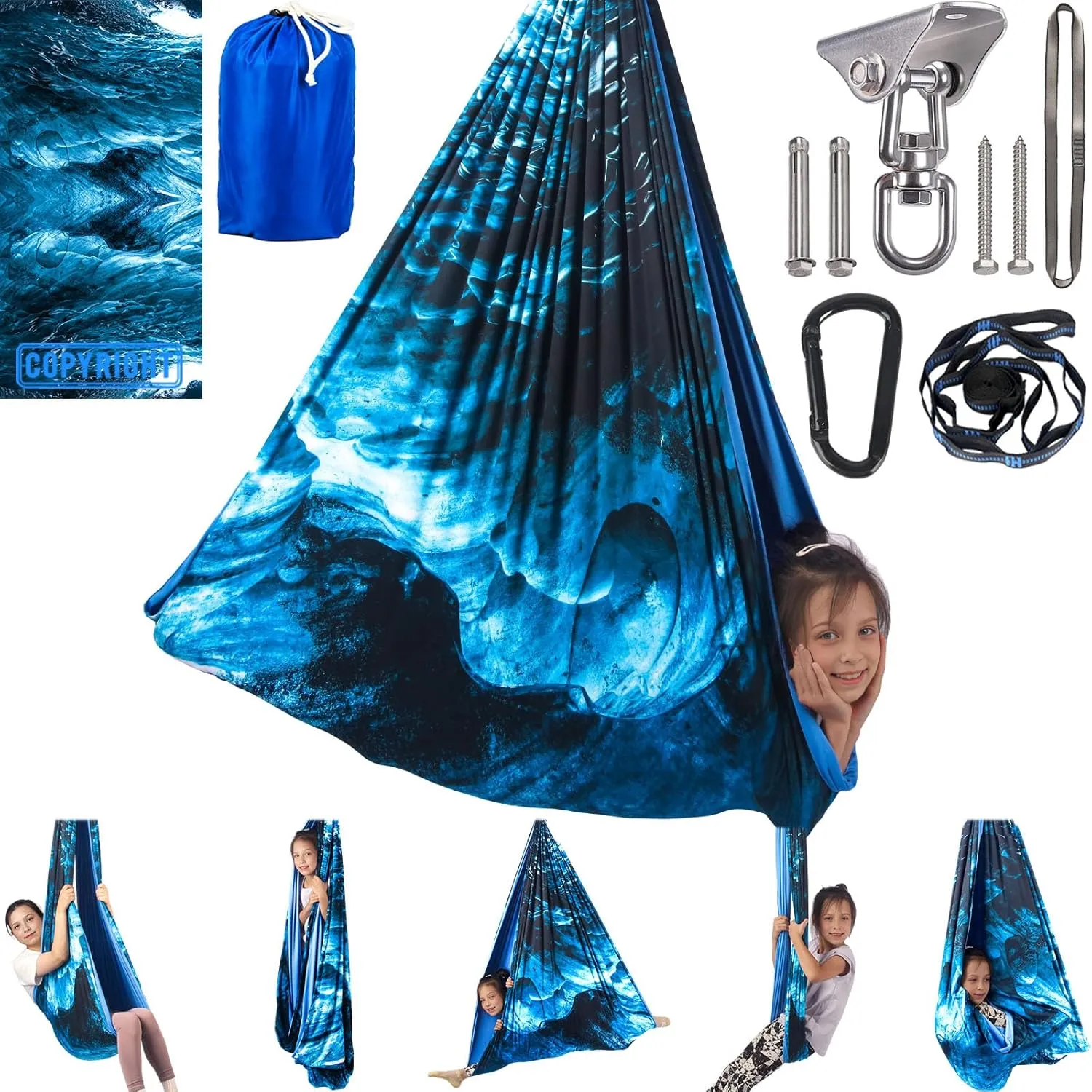 Sensory Swing for Kids Indoor & Outdoor Double Layer Therapy Cuddle Swing with 360° Swivel Hanger Kit Adjustable Swings for Child and Adult with Aspergers Autism (Ice Teal)