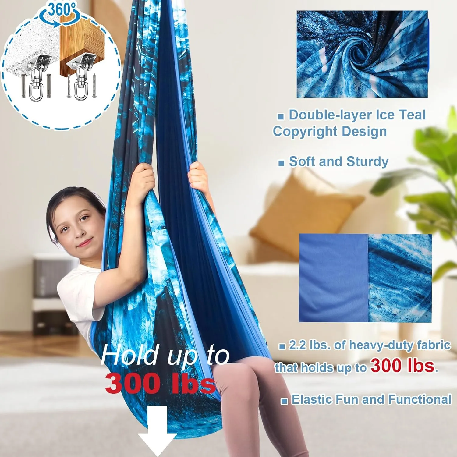 Sensory Swing for Kids Indoor & Outdoor Double Layer Therapy Cuddle Swing with 360° Swivel Hanger Kit Adjustable Swings for Child and Adult with Aspergers Autism (Ice Teal)