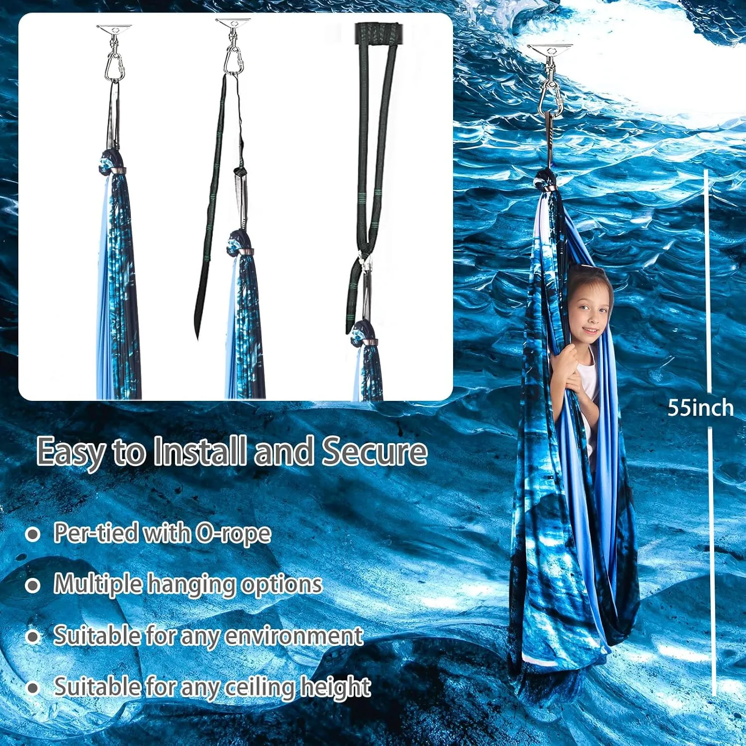Sensory Swing for Kids Indoor & Outdoor Double Layer Therapy Cuddle Swing with 360° Swivel Hanger Kit Adjustable Swings for Child and Adult with Aspergers Autism (Ice Teal)