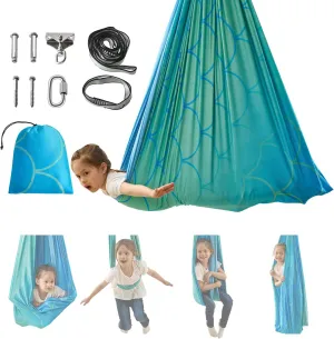 Sensory Swing for Kids, Indoor Outdoor Swing for Kids & Adults, Double Layer Therapy Cuddle Swing with 360° Swivel Hanger Kit, Up to 250lbs, Great Gifts for Boy and Girls, Blue & Green