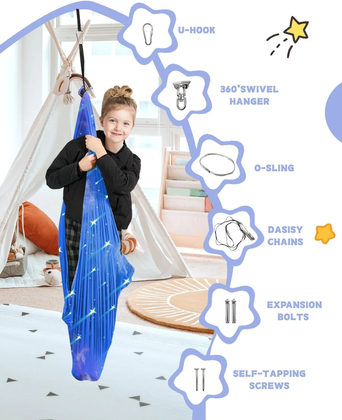 Sensory Swing for Kids with 360° Swivel Hanger, Therapy Swing Double Layer Cuddle Swing Indoor Outdoor Kids Swing Hammock for Child & Adult with Autism, Aspergers, ADHD, Sensory Integration(Blue)