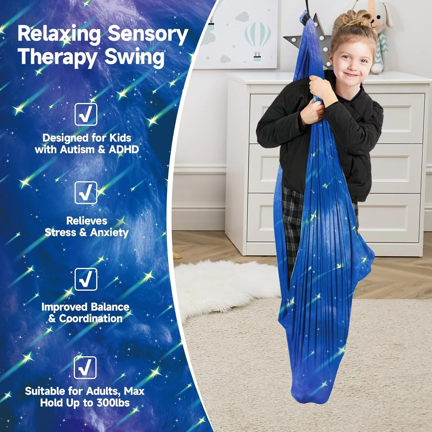 Sensory Swing for Kids with 360° Swivel Hanger, Therapy Swing Double Layer Cuddle Swing Indoor Outdoor Kids Swing Hammock for Child & Adult with Autism, Aspergers, ADHD, Sensory Integration(Blue)