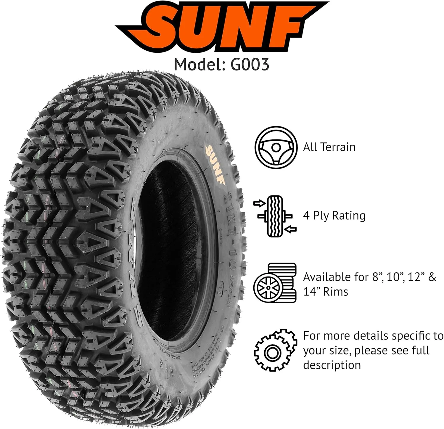 Set of 2 SunF G003 all-Terrain UTV & Golf-Cart Turf Tires 23x10.5-12, 4 Ply, Tubeless - Lawn & Garden, Rim(s) NOT included