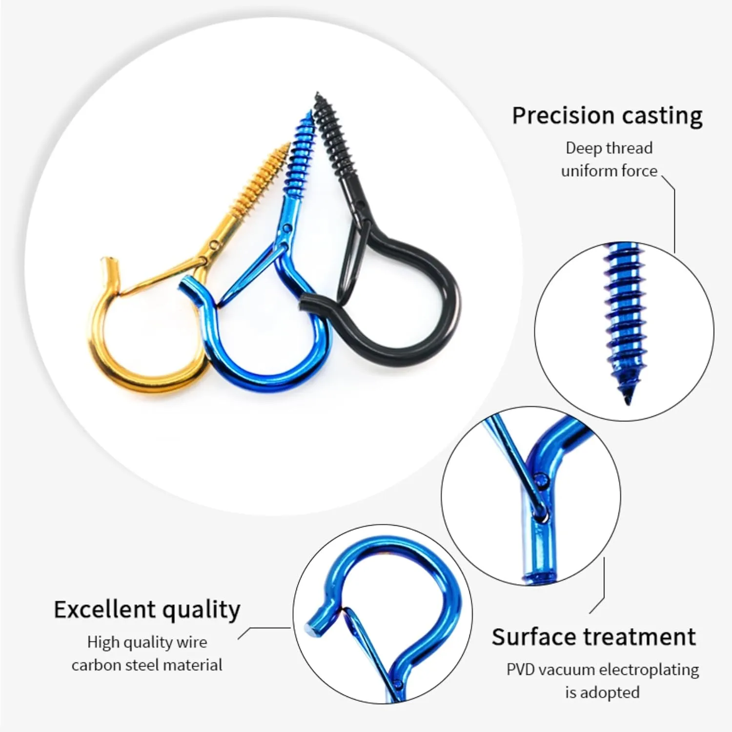 Set of 20 Q hooks or Z hooks, screw-in hooks, outdoor hooks, self-tapping hooks with safety buckles, string lights, wind chimes, bonsai, hanger hooks #10x2.2 inches (PVD-burnt blue, Q type hook)