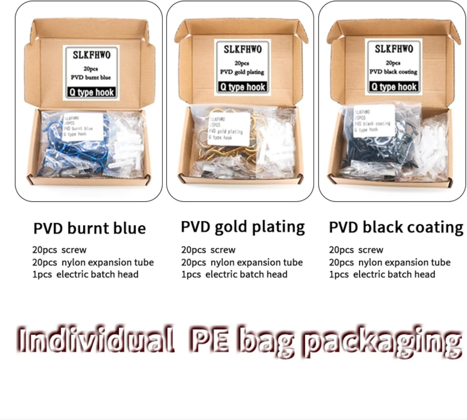 Set of 20 Q hooks or Z hooks, screw-in hooks, outdoor hooks, self-tapping hooks with safety buckles, string lights, wind chimes, bonsai, hanger hooks #10x2.2 inches (PVD-burnt blue, Q type hook)