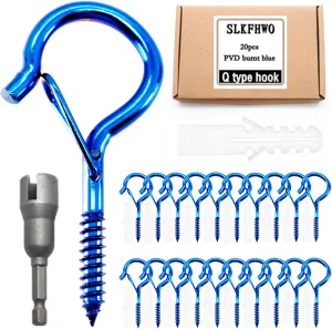 Set of 20 Q hooks or Z hooks, screw-in hooks, outdoor hooks, self-tapping hooks with safety buckles, string lights, wind chimes, bonsai, hanger hooks #10x2.2 inches (PVD-burnt blue, Q type hook)