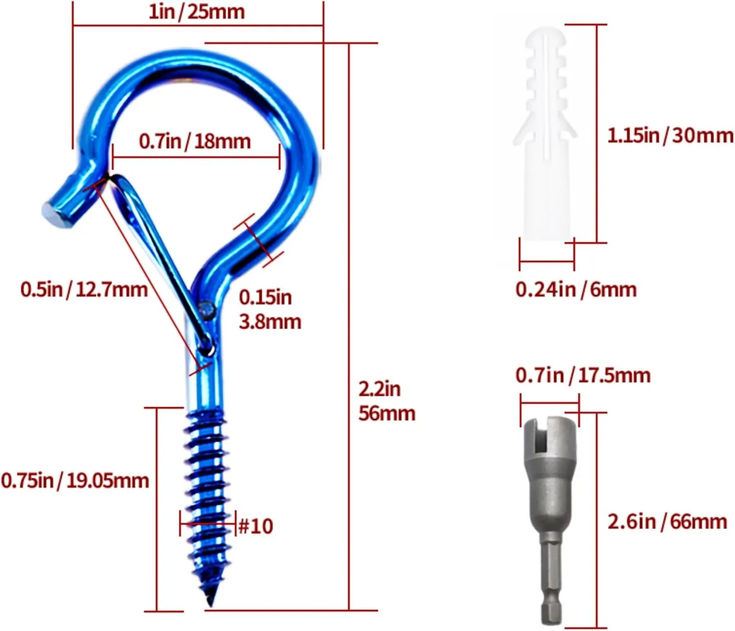Set of 20 Q hooks or Z hooks, screw-in hooks, outdoor hooks, self-tapping hooks with safety buckles, string lights, wind chimes, bonsai, hanger hooks #10x2.2 inches (PVD-burnt blue, Q type hook)