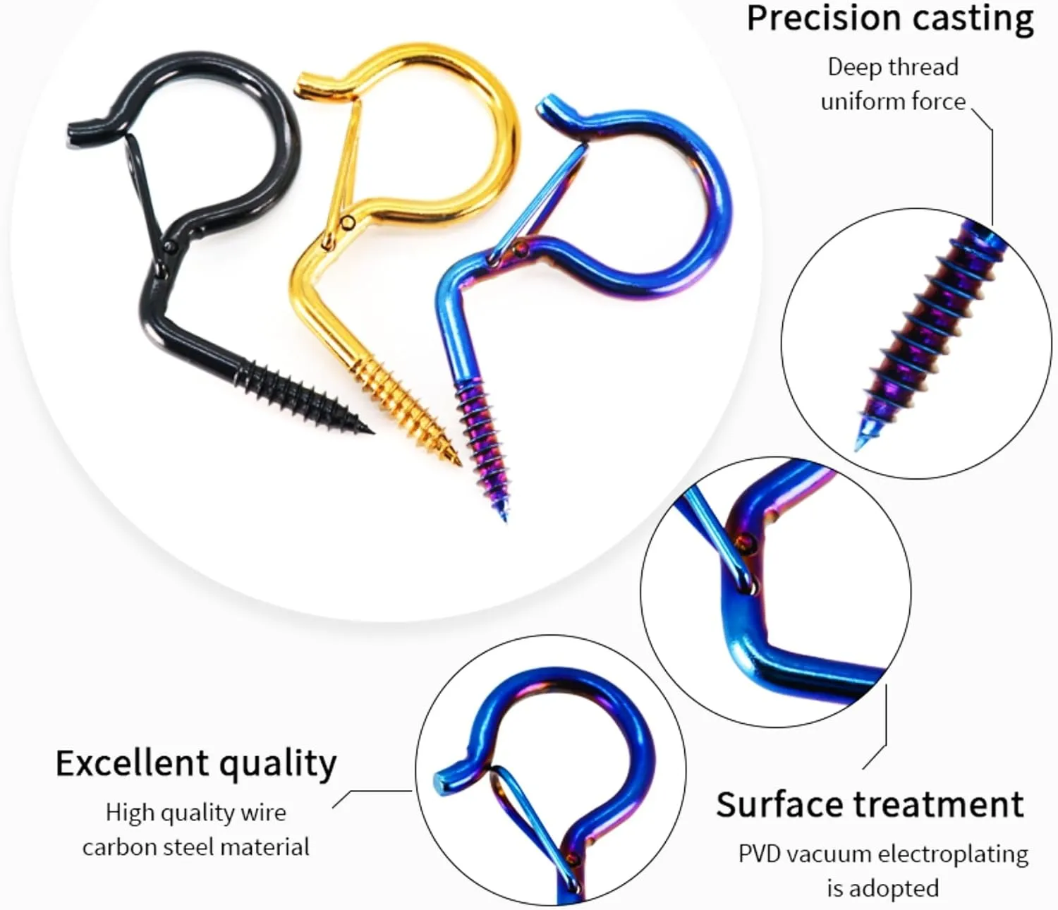 Set of 20 Q hooks or Z hooks, screw-in hooks, outdoor hooks, self-tapping hooks with safety buckles, string lights, wind chimes, bonsai, hanger hooks #10x2.2 inches (PVD-burnt blue, Z type hook)