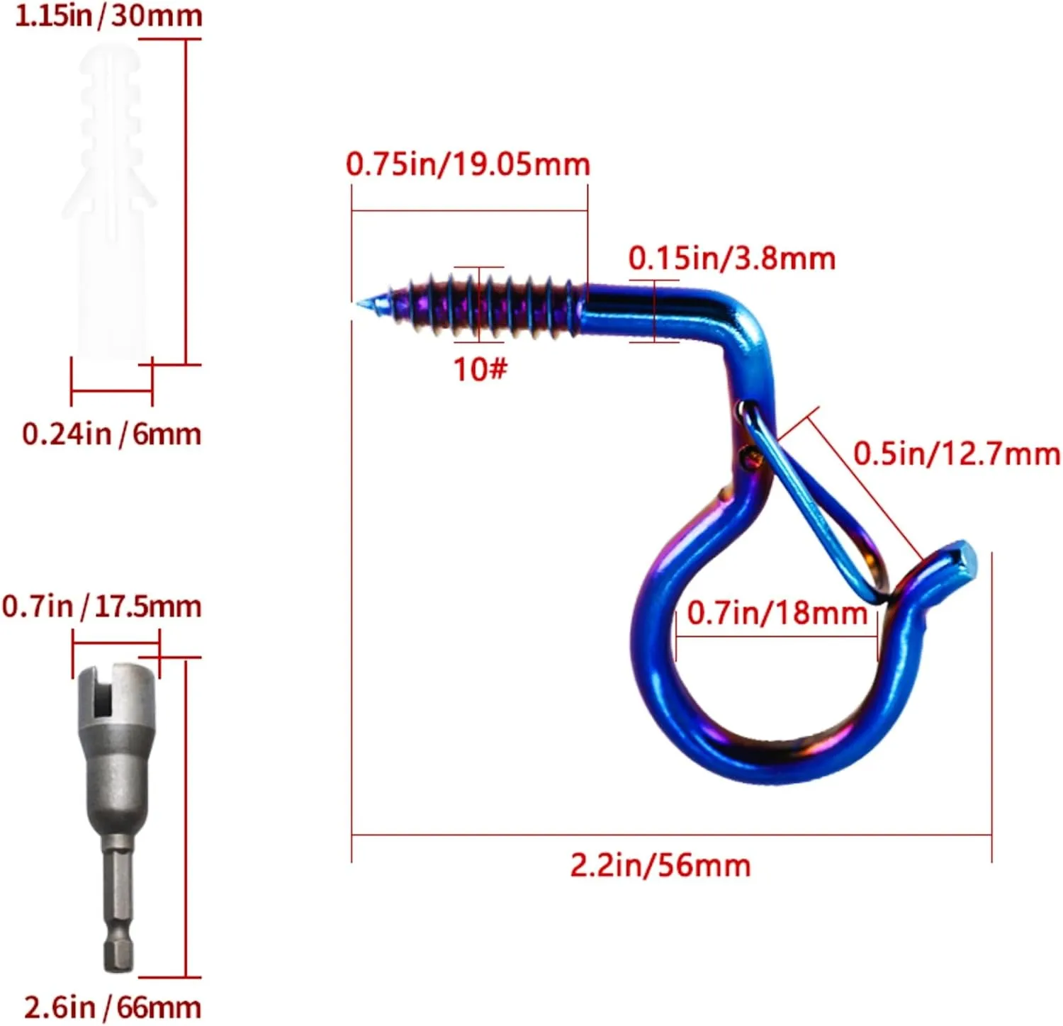 Set of 20 Q hooks or Z hooks, screw-in hooks, outdoor hooks, self-tapping hooks with safety buckles, string lights, wind chimes, bonsai, hanger hooks #10x2.2 inches (PVD-burnt blue, Z type hook)