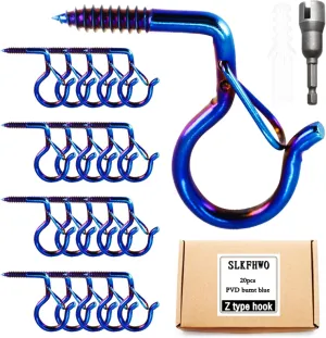 Set of 20 Q hooks or Z hooks, screw-in hooks, outdoor hooks, self-tapping hooks with safety buckles, string lights, wind chimes, bonsai, hanger hooks #10x2.2 inches (PVD-burnt blue, Z type hook)