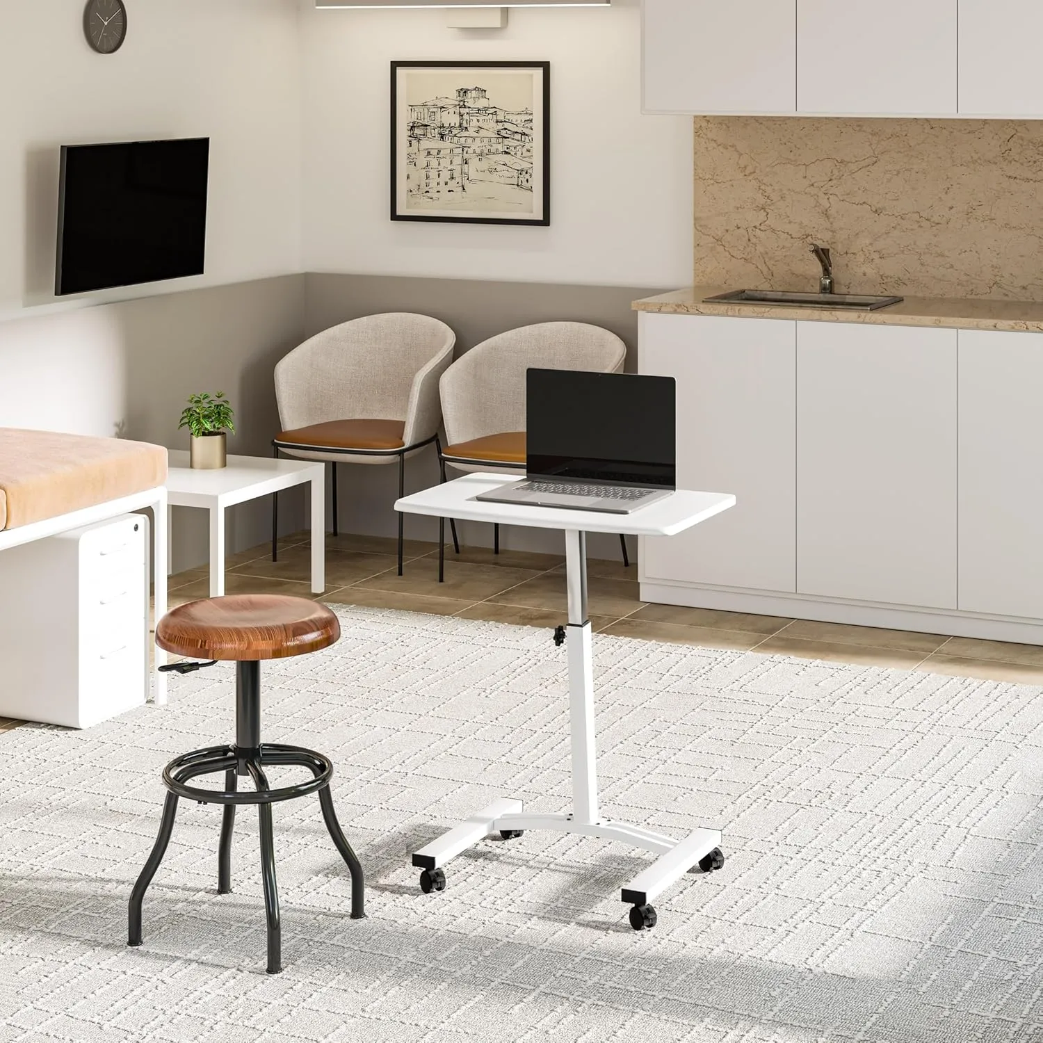 Seville Classics Airlift Mobile Height Adjustable Laptop Stand Computer Workstation for Sitting Classroom Home Office Medical Table w/Wheels, Flat Desk 24", White