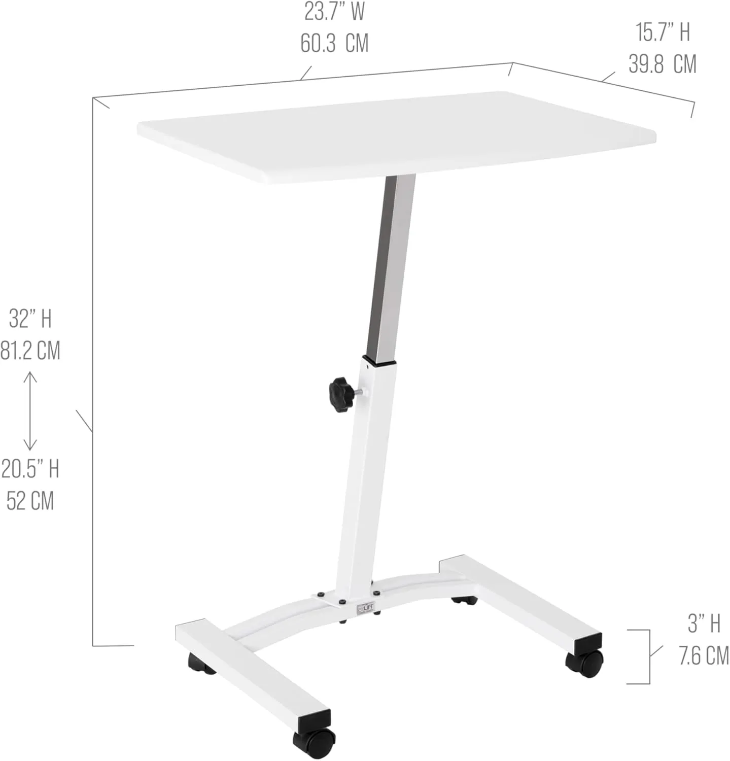 Seville Classics Airlift Mobile Height Adjustable Laptop Stand Computer Workstation for Sitting Classroom Home Office Medical Table w/Wheels, Flat Desk 24", White