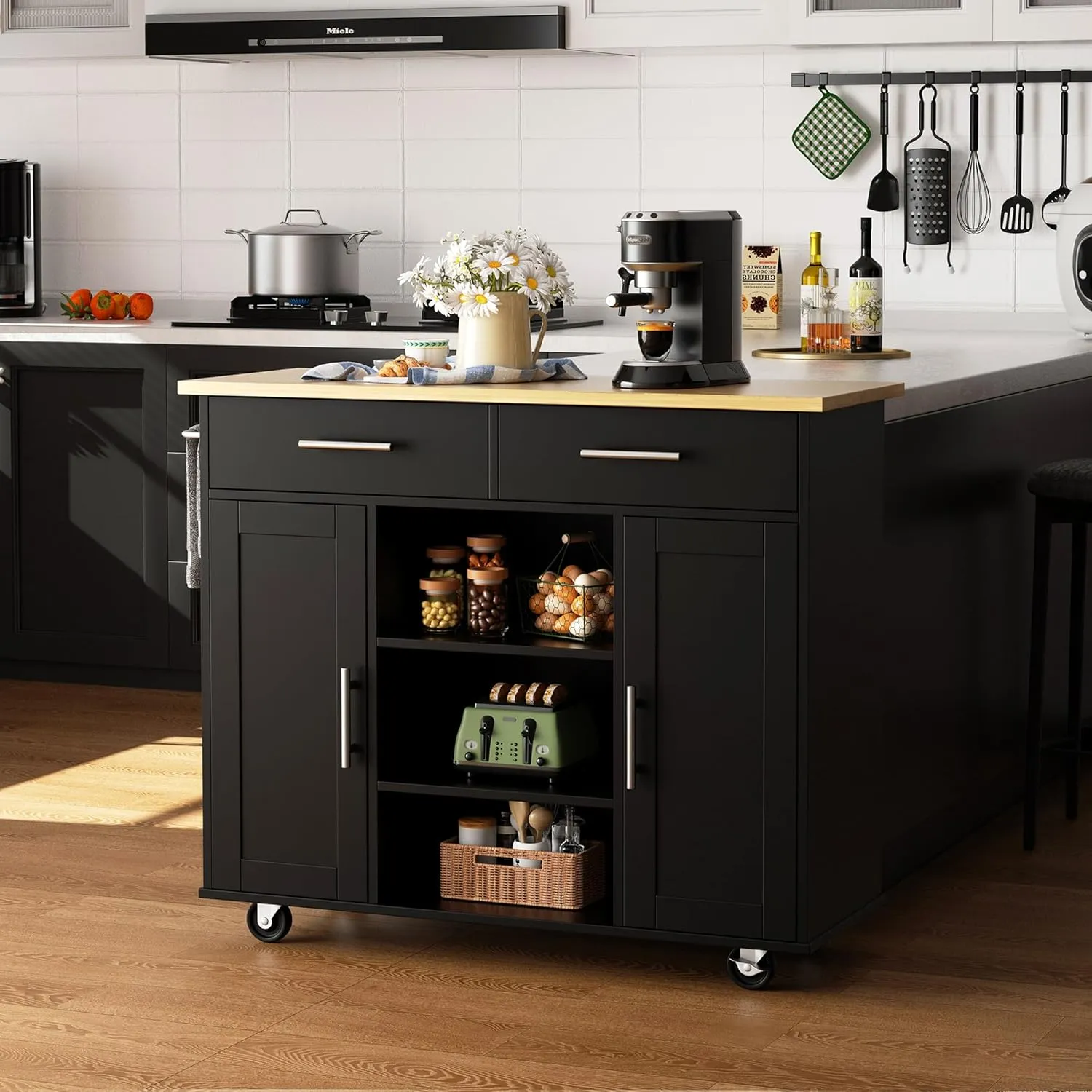 Shintenchi Kitchen Island with Storage, Kitchen Island Cart on Wheels with 3 Open Shelves, 2 Drawers and 2 Cabinets, Rolling Kitchen Table with Large Countertop, Black