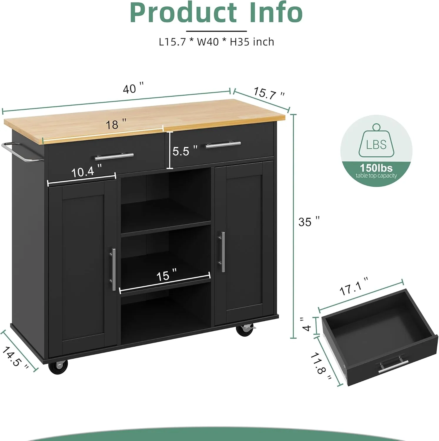 Shintenchi Kitchen Island with Storage, Kitchen Island Cart on Wheels with 3 Open Shelves, 2 Drawers and 2 Cabinets, Rolling Kitchen Table with Large Countertop, Black