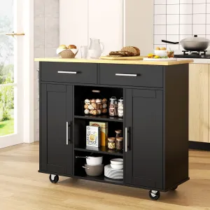 Shintenchi Kitchen Island with Storage, Kitchen Island Cart on Wheels with 3 Open Shelves, 2 Drawers and 2 Cabinets, Rolling Kitchen Table with Large Countertop, Black