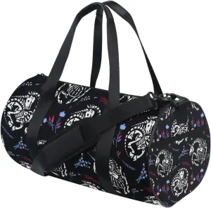Skeletons of Unicorns among Blue Floral Wreaths Garlands on Dark Duffel Bag, Foldable Canvas Travel Tote for Gym Sports with Inner Pockets, Durable Lightweight Fitness Bag for Overnight Workout