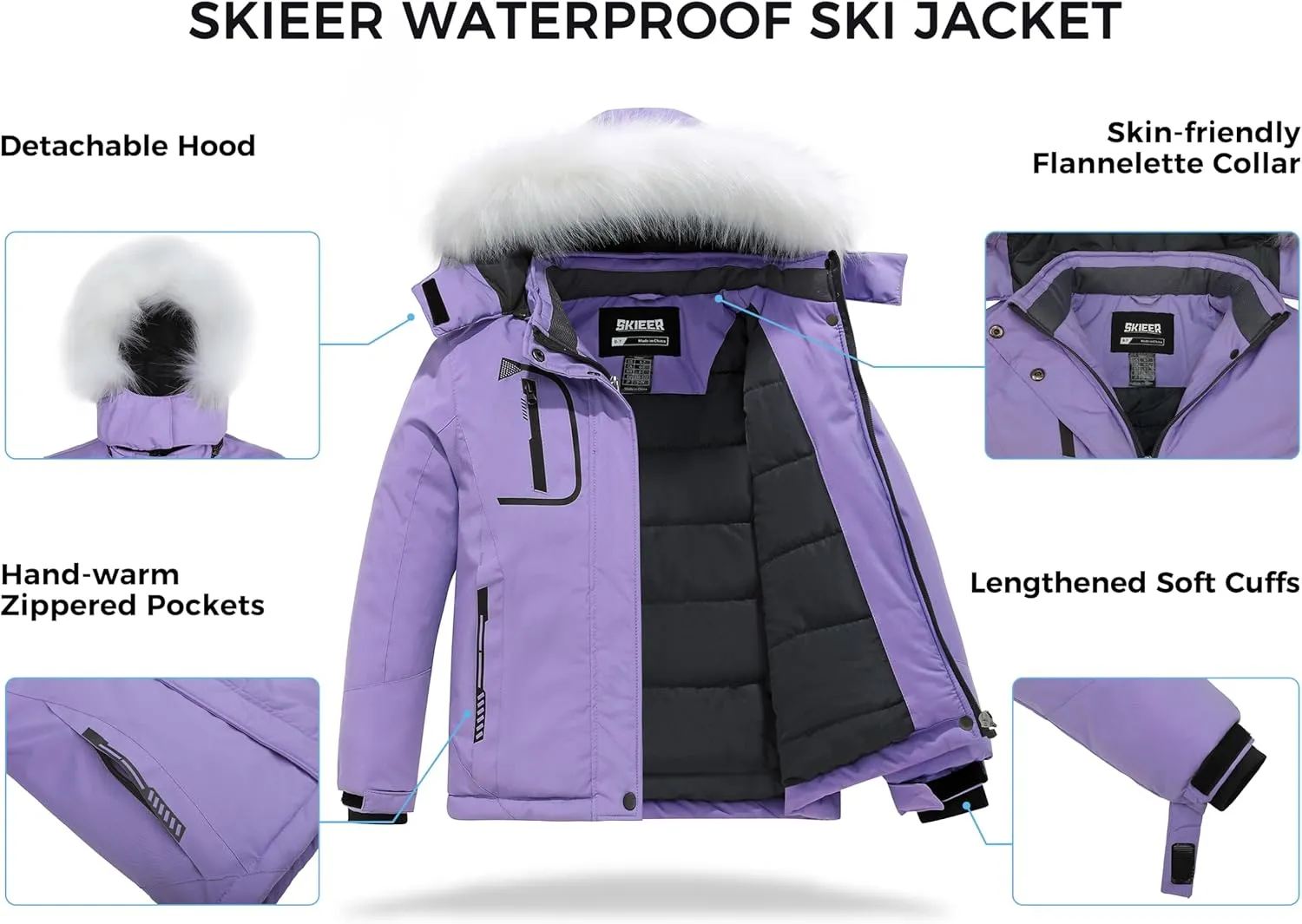 Skieer Girl's Waterproof Ski Jacket Windproof Winter Jacket Hooded Rain Coat