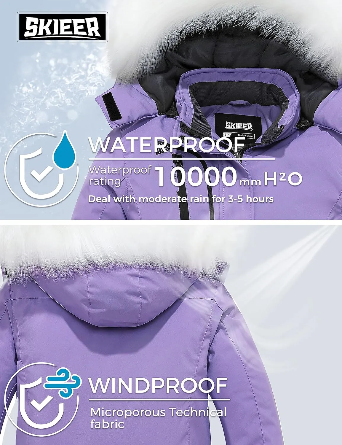 Skieer Girl's Waterproof Ski Jacket Windproof Winter Jacket Hooded Rain Coat