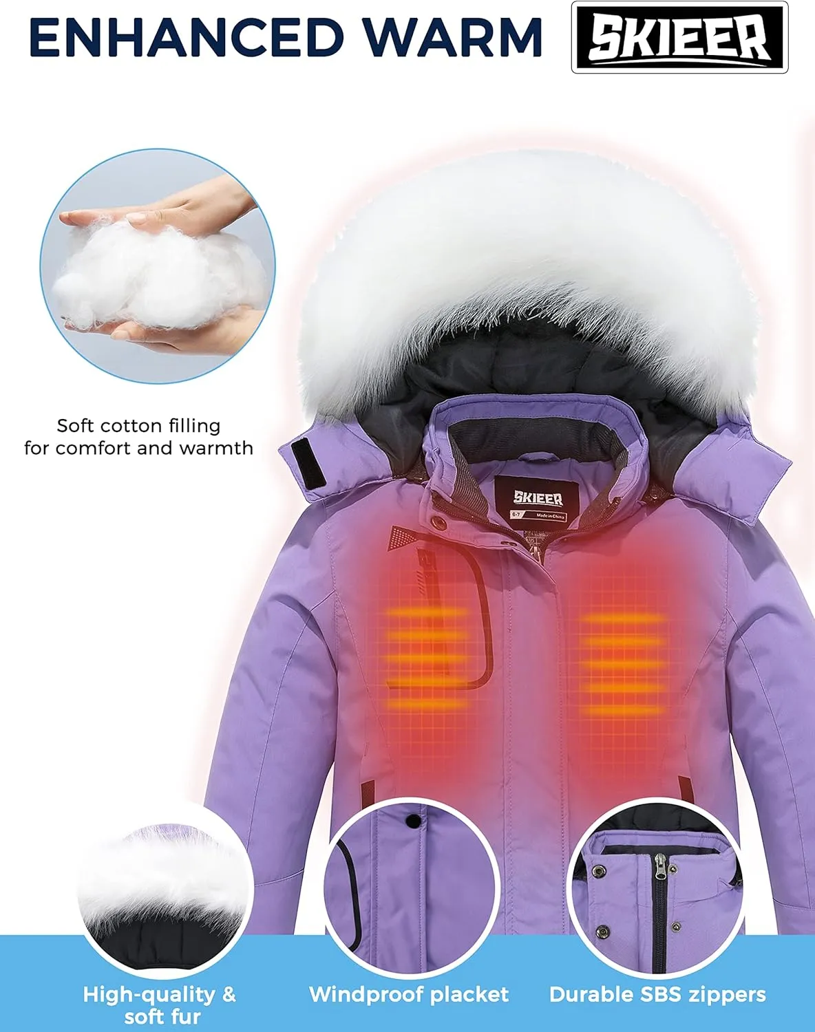 Skieer Girl's Waterproof Ski Jacket Windproof Winter Jacket Hooded Rain Coat