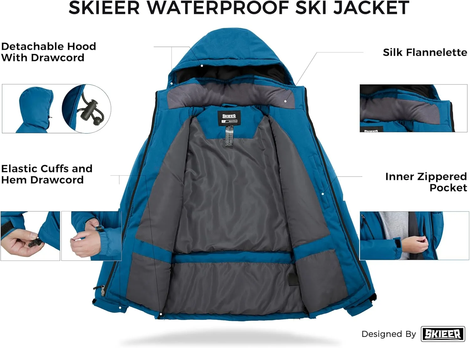 Skieer Men's Waterproof Ski Jacket Winter Snow Coat Windproof Snowboarding Jackets Warm Raincoat