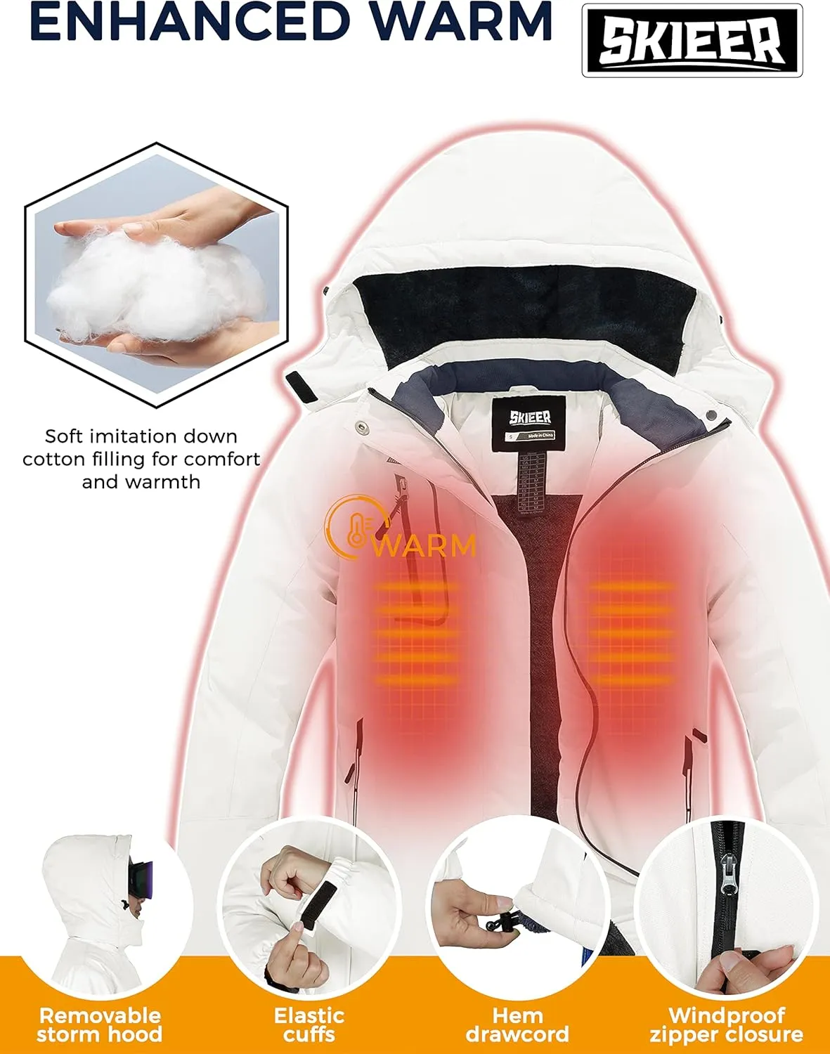 Skieer Women's Ski Jacket Waterproof Windproof Snowboard Jacket Warm Hooded Winter Coat