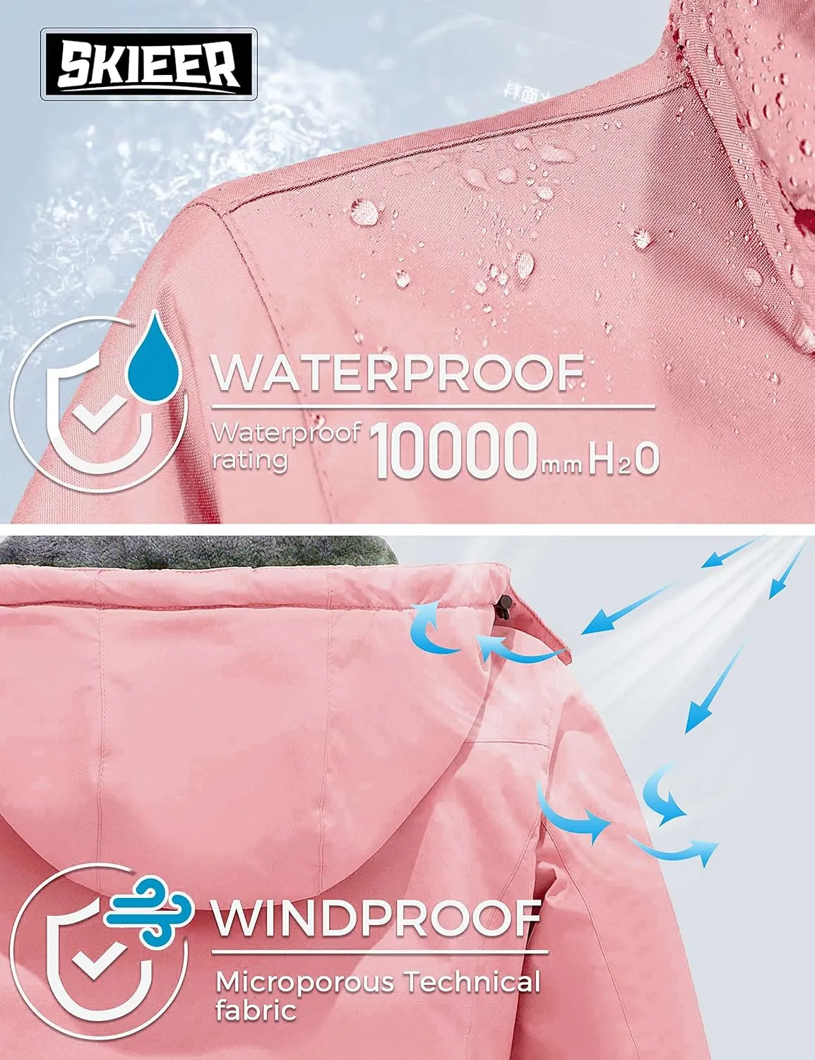 Skieer Women's Ski Jacket Waterproof Windproof Snowboard Jacket Warm Hooded Winter Coat