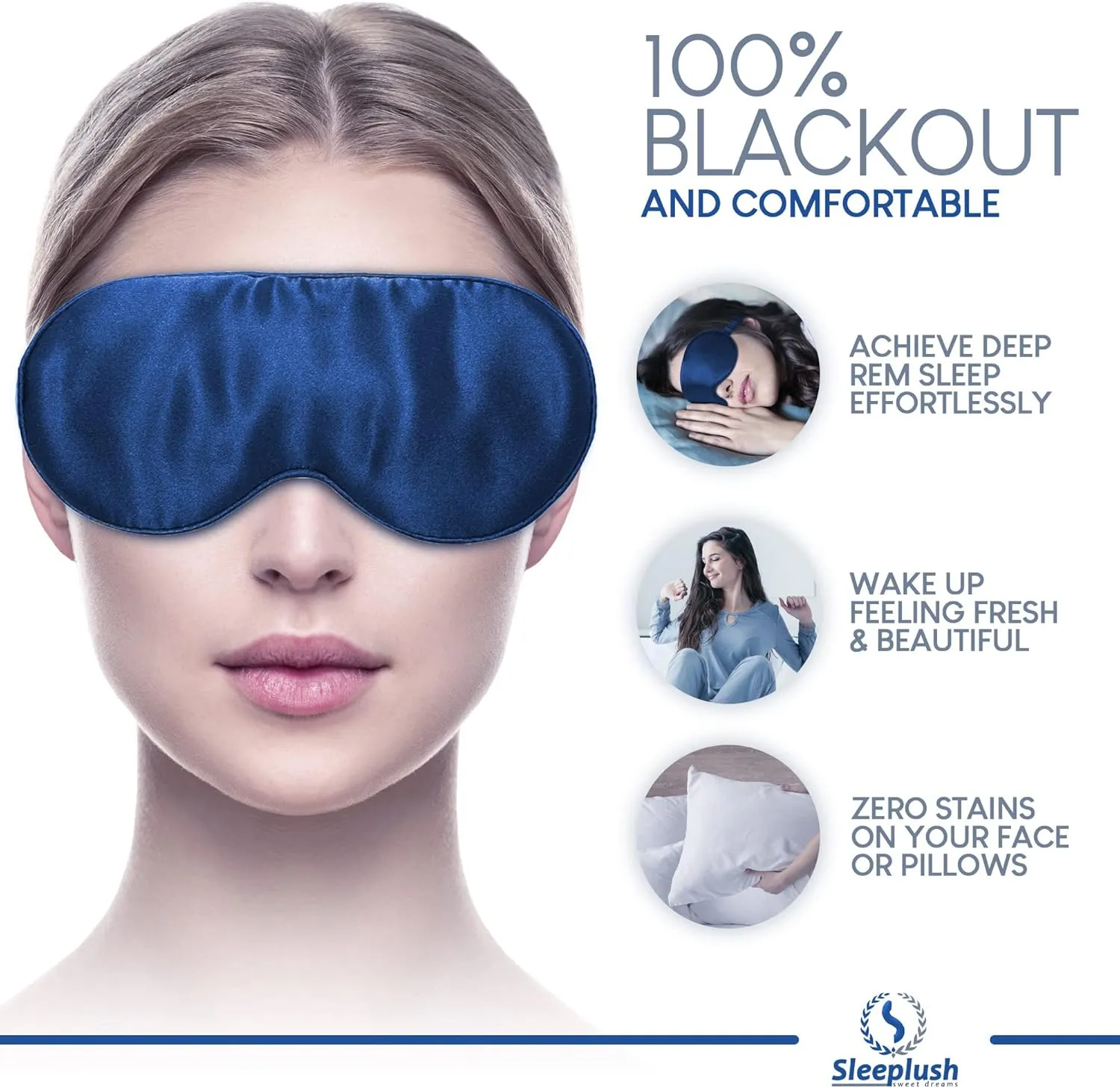 Sleeplush Mulberry Silk Sleep Mask – Sleep Mask with Silk Covered Straps – Sleep Masks for Women and Men - Eye Mask for Sleeping Comes with Ear Plugs and Pocket Bag - Weighted Sleep Mask - Blue
