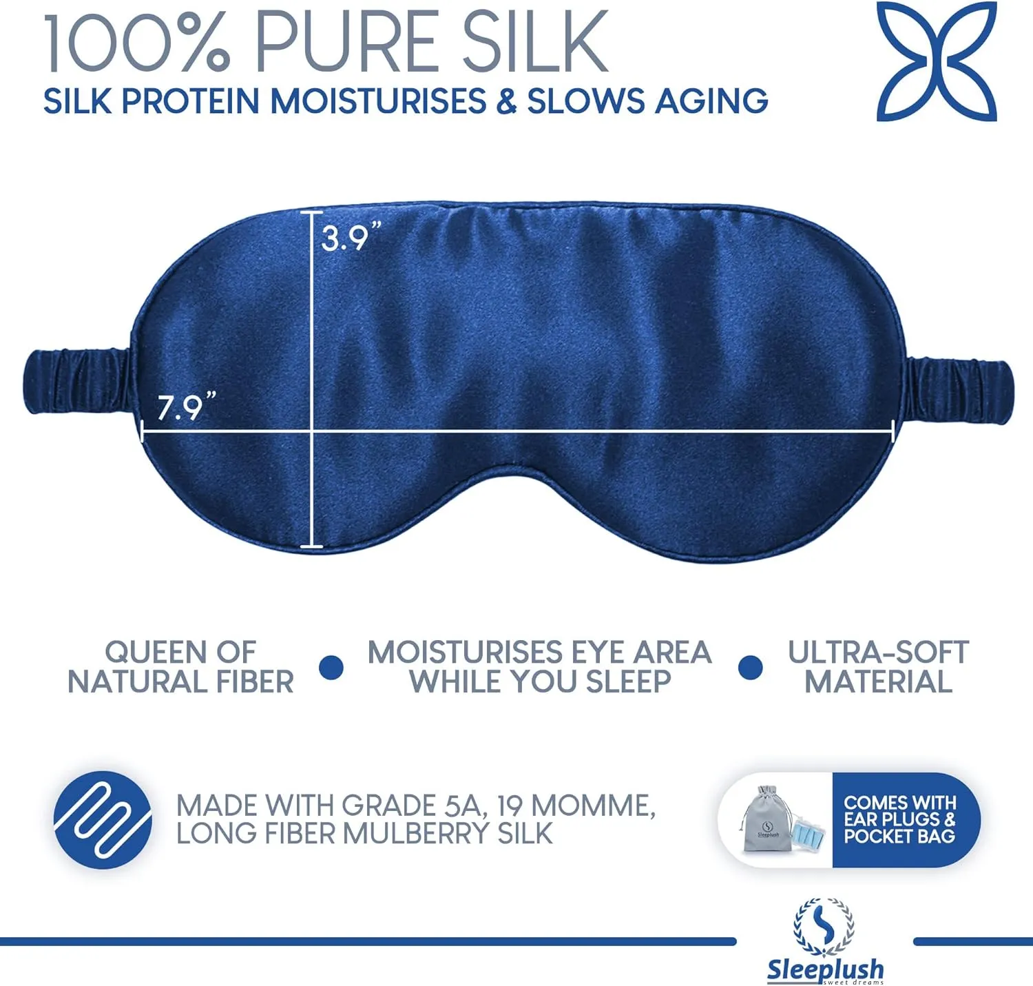 Sleeplush Mulberry Silk Sleep Mask – Sleep Mask with Silk Covered Straps – Sleep Masks for Women and Men - Eye Mask for Sleeping Comes with Ear Plugs and Pocket Bag - Weighted Sleep Mask - Blue
