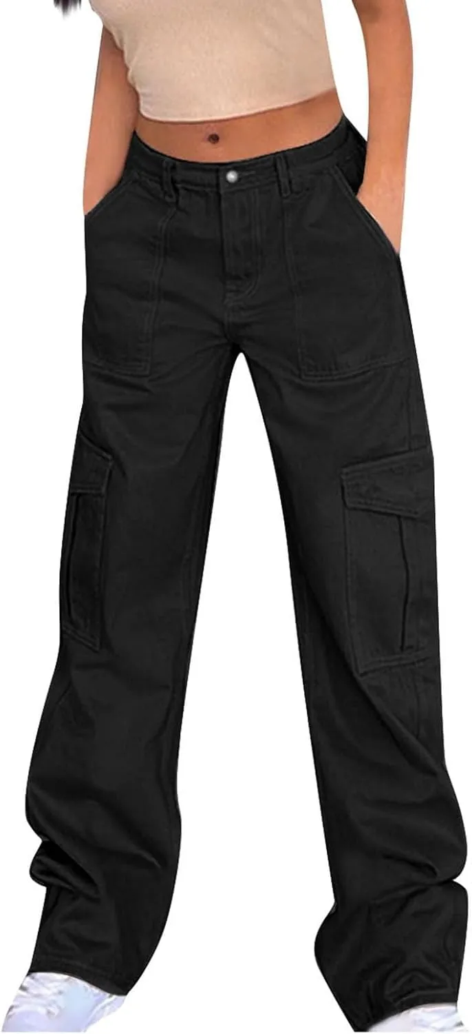 SMIDOW Baggy Cargo Pants for Women Relaxed Fit Low Rise Pants Streetwear Stretchy Wide Leg Combat Military Trousers