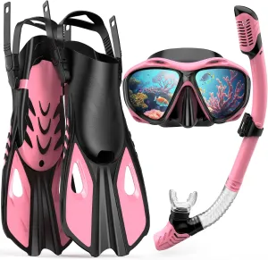 Snorkeling Gear for Adults Men Women, 3 in 1 Snorkel Set with Panoramic View Diving Mask Anti-Fog Anti-Leak, Snorkel Mask Dry Top Snorkel Fins for Swimming, Snorkeling and Travel Diving