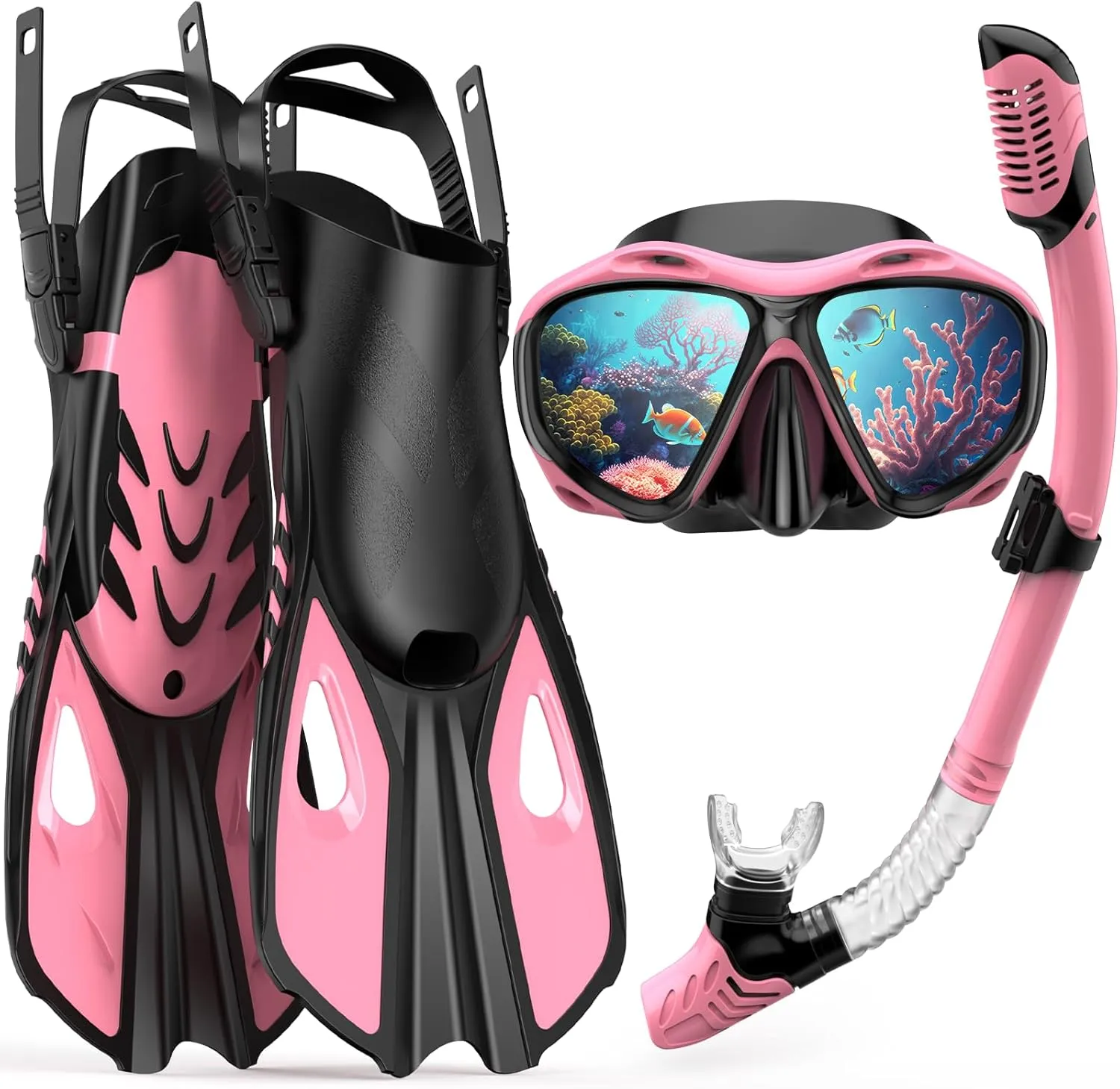 Snorkeling Gear for Adults Men Women, 3 in 1 Snorkel Set with Panoramic View Diving Mask Anti-Fog Anti-Leak, Snorkel Mask Dry Top Snorkel Fins for Swimming, Snorkeling and Travel Diving