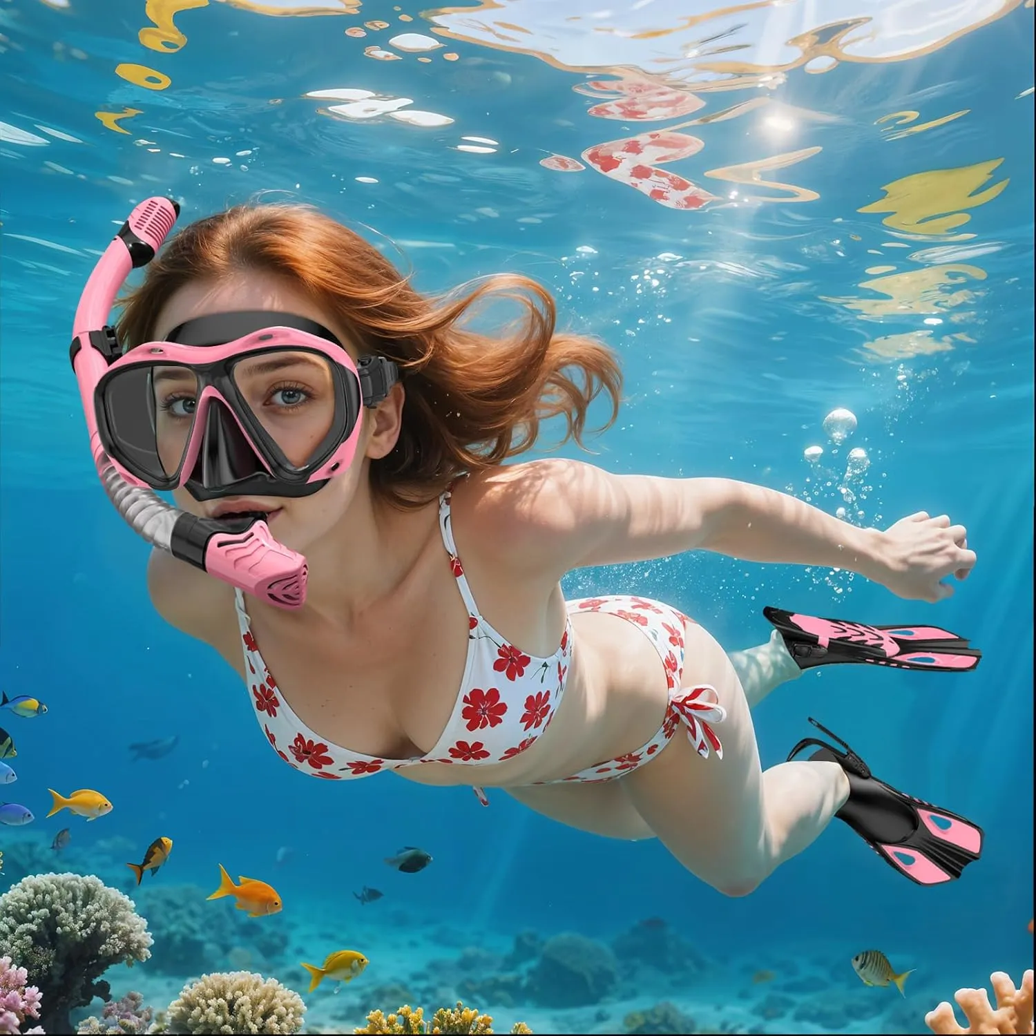 Snorkeling Gear for Adults Men Women, 3 in 1 Snorkel Set with Panoramic View Diving Mask Anti-Fog Anti-Leak, Snorkel Mask Dry Top Snorkel Fins for Swimming, Snorkeling and Travel Diving