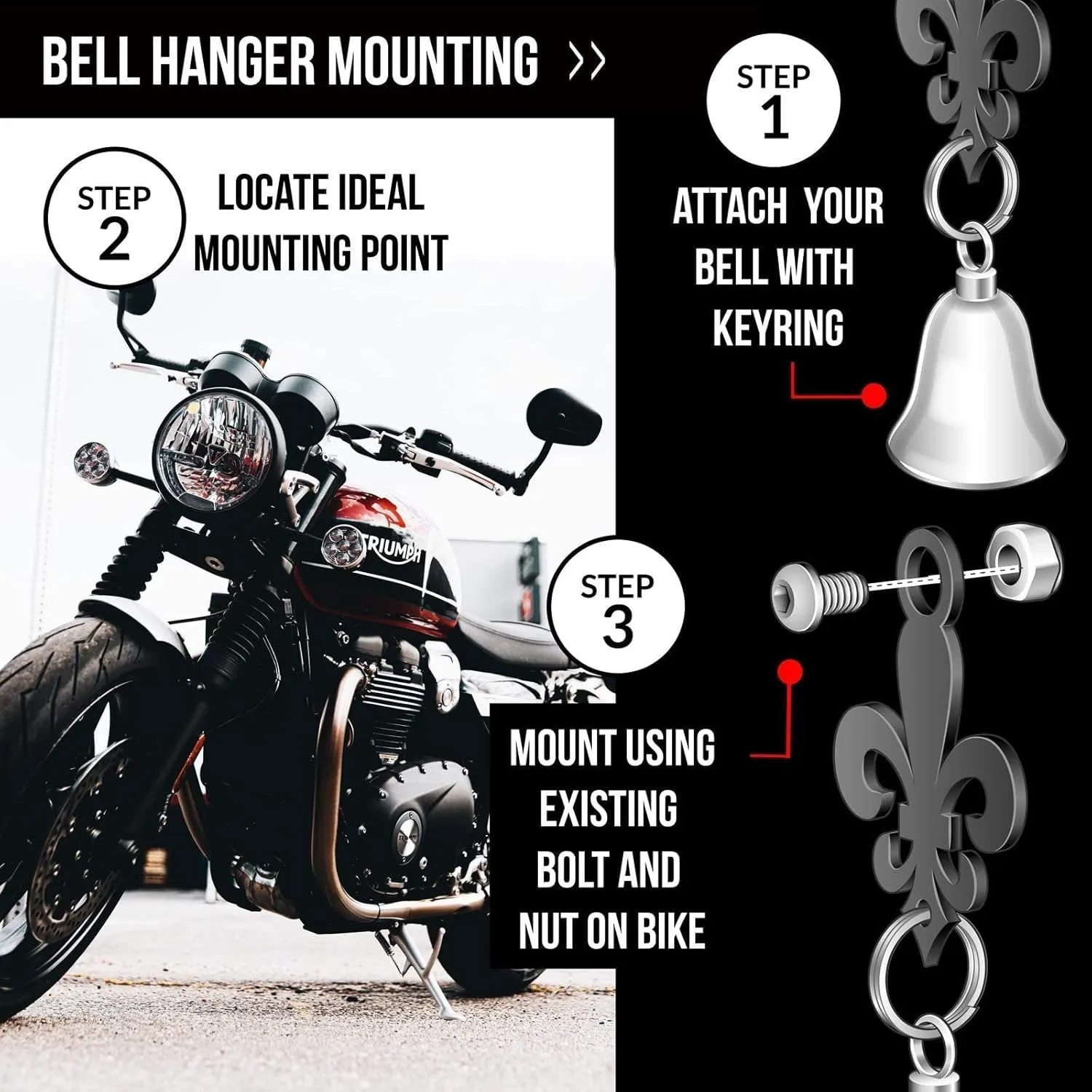Sparkle Rider Motorcycle Bell Hanger Mount Fleur-de-lis Accessory Bracket to Attach Gremlin, Guardian, Harley Ride Bells