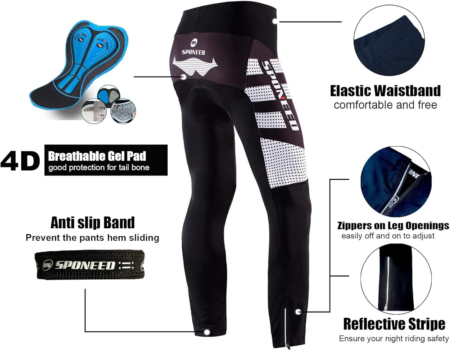 sponeed Men's Bicycle Pants 4D Padded Road Cycling Tights Leggings Outdoor Cyclist Riding Bike Wear