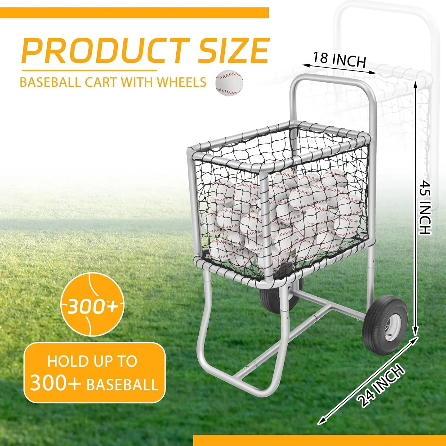 Sports Baseball Cart with Wheels, Large Softball Caddy Ball Holder, Holds up to 300 Baseballs or 150 Softballs, 18'' W x 24'' l x 45'' H