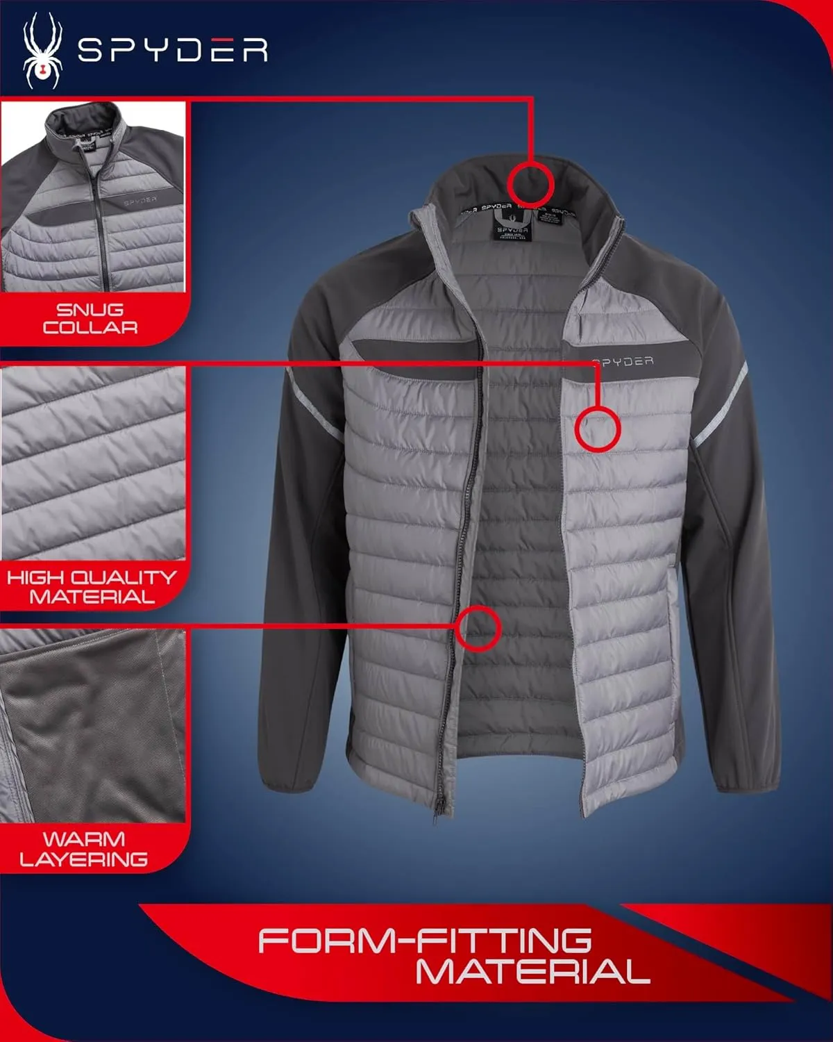Spyder Men's Active 2fer Jacket - Midweight Insulated Quilted Puffer Bubble Windbreaker with Softshell Sleeves (Sizes: S-XL)