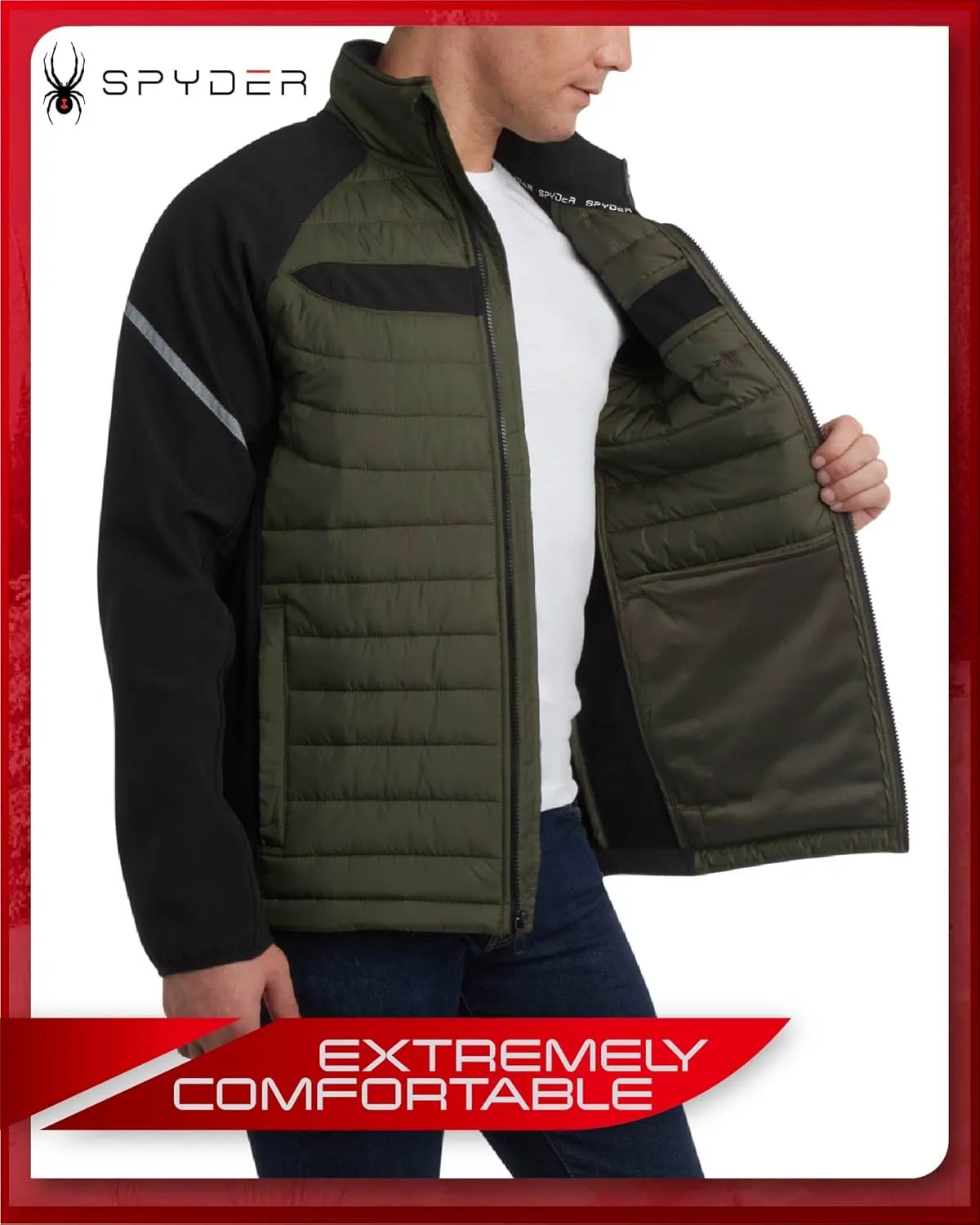 Spyder Men's Active 2fer Jacket - Midweight Insulated Quilted Puffer Bubble Windbreaker with Softshell Sleeves (Sizes: S-XL)