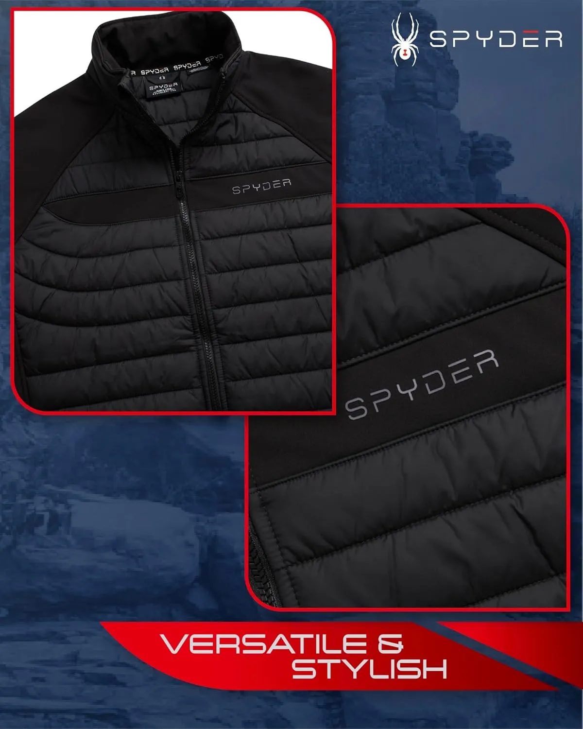 Spyder Men's Active 2fer Jacket - Midweight Insulated Quilted Puffer Bubble Windbreaker with Softshell Sleeves (Sizes: S-XL)
