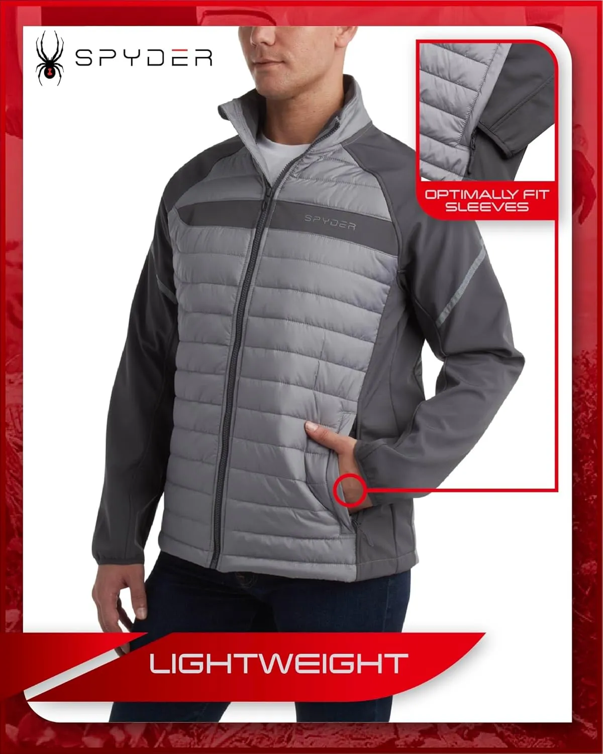 Spyder Men's Active 2fer Jacket - Midweight Insulated Quilted Puffer Bubble Windbreaker with Softshell Sleeves (Sizes: S-XL)