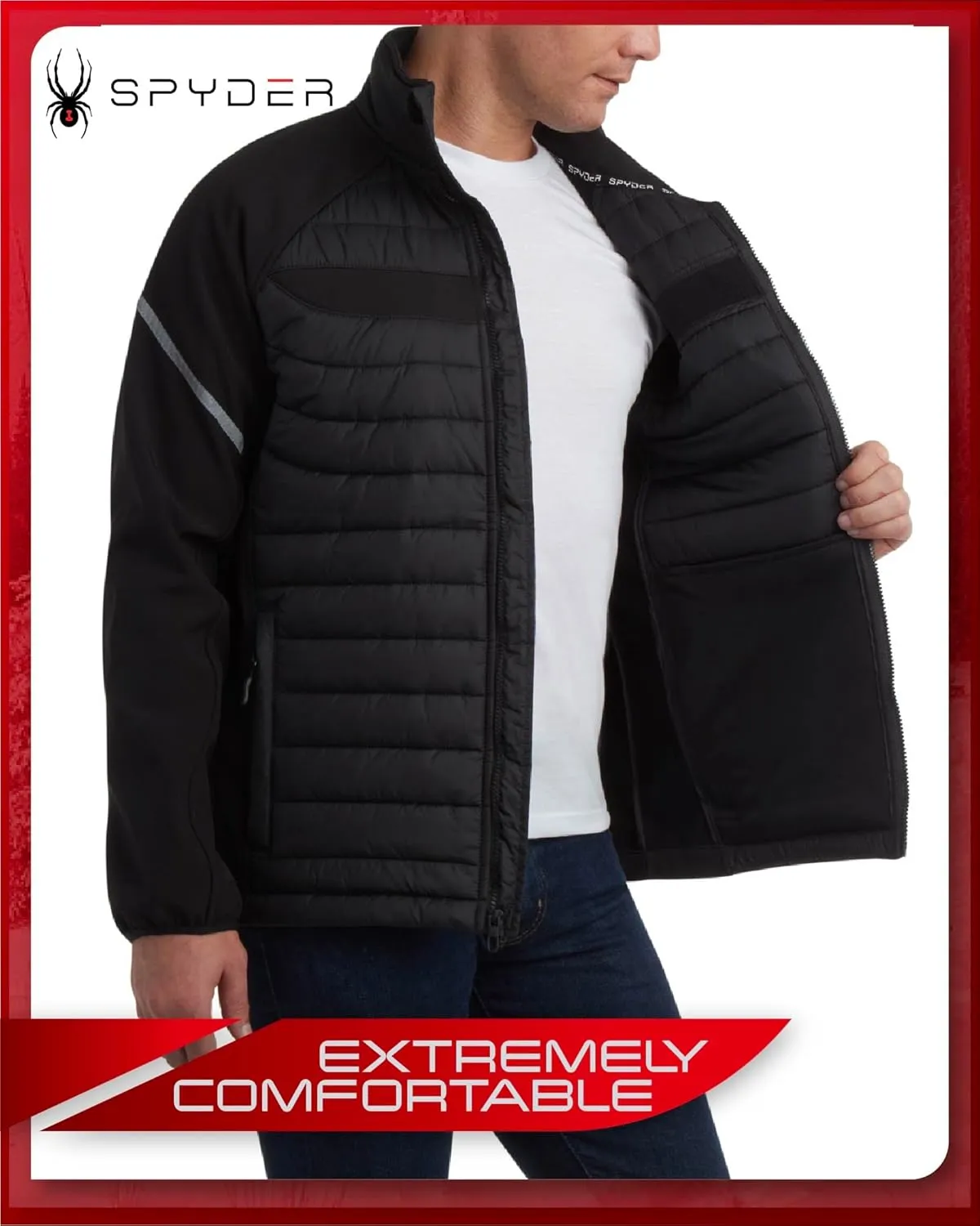 Spyder Men's Active 2fer Jacket - Midweight Insulated Quilted Puffer Bubble Windbreaker with Softshell Sleeves (Sizes: S-XL)