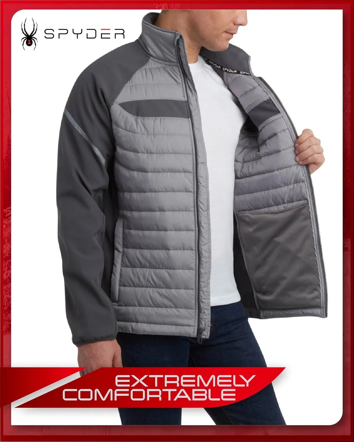 Spyder Men's Active 2fer Jacket - Midweight Insulated Quilted Puffer Bubble Windbreaker with Softshell Sleeves (Sizes: S-XL)