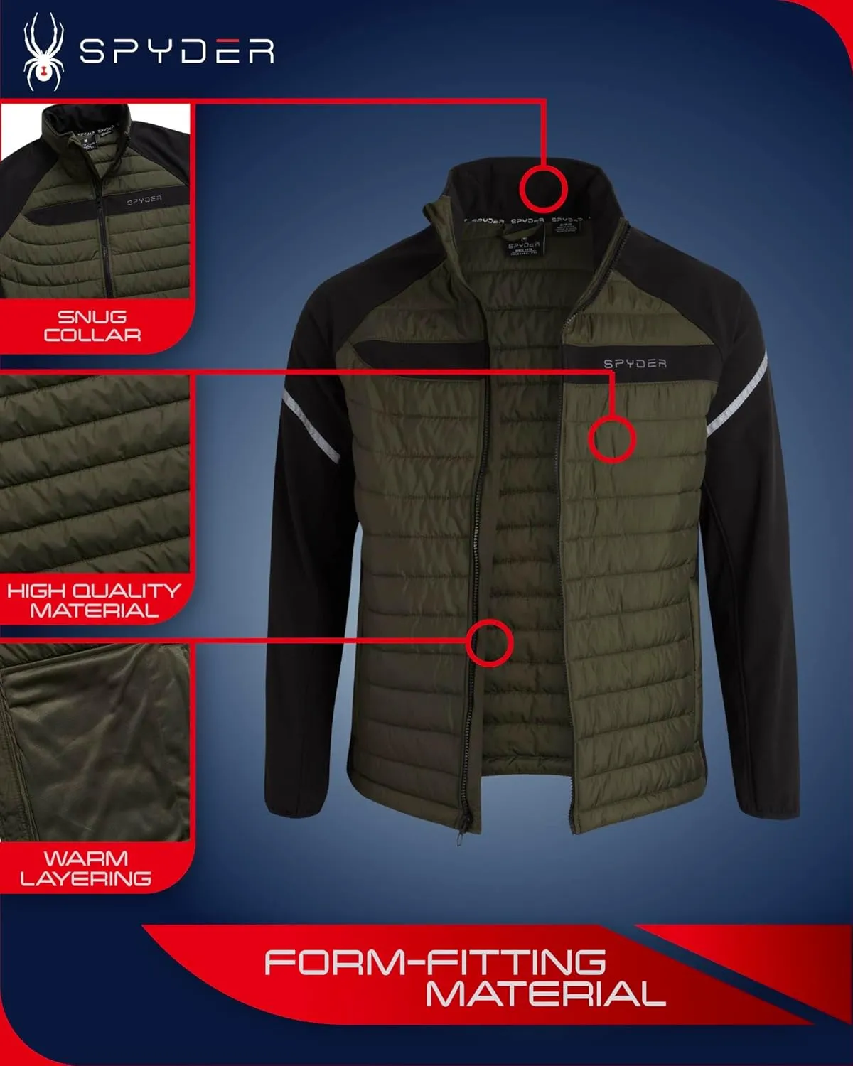 Spyder Men's Active 2fer Jacket - Midweight Insulated Quilted Puffer Bubble Windbreaker with Softshell Sleeves (Sizes: S-XL)