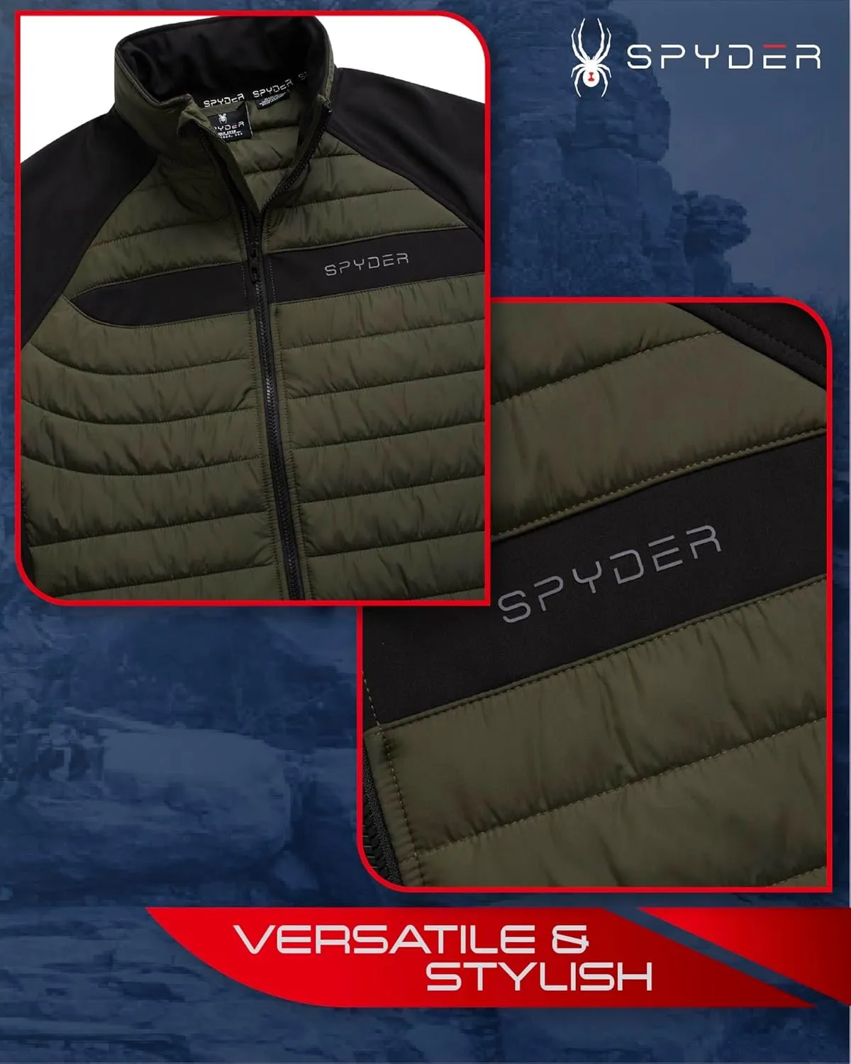 Spyder Men's Active 2fer Jacket - Midweight Insulated Quilted Puffer Bubble Windbreaker with Softshell Sleeves (Sizes: S-XL)
