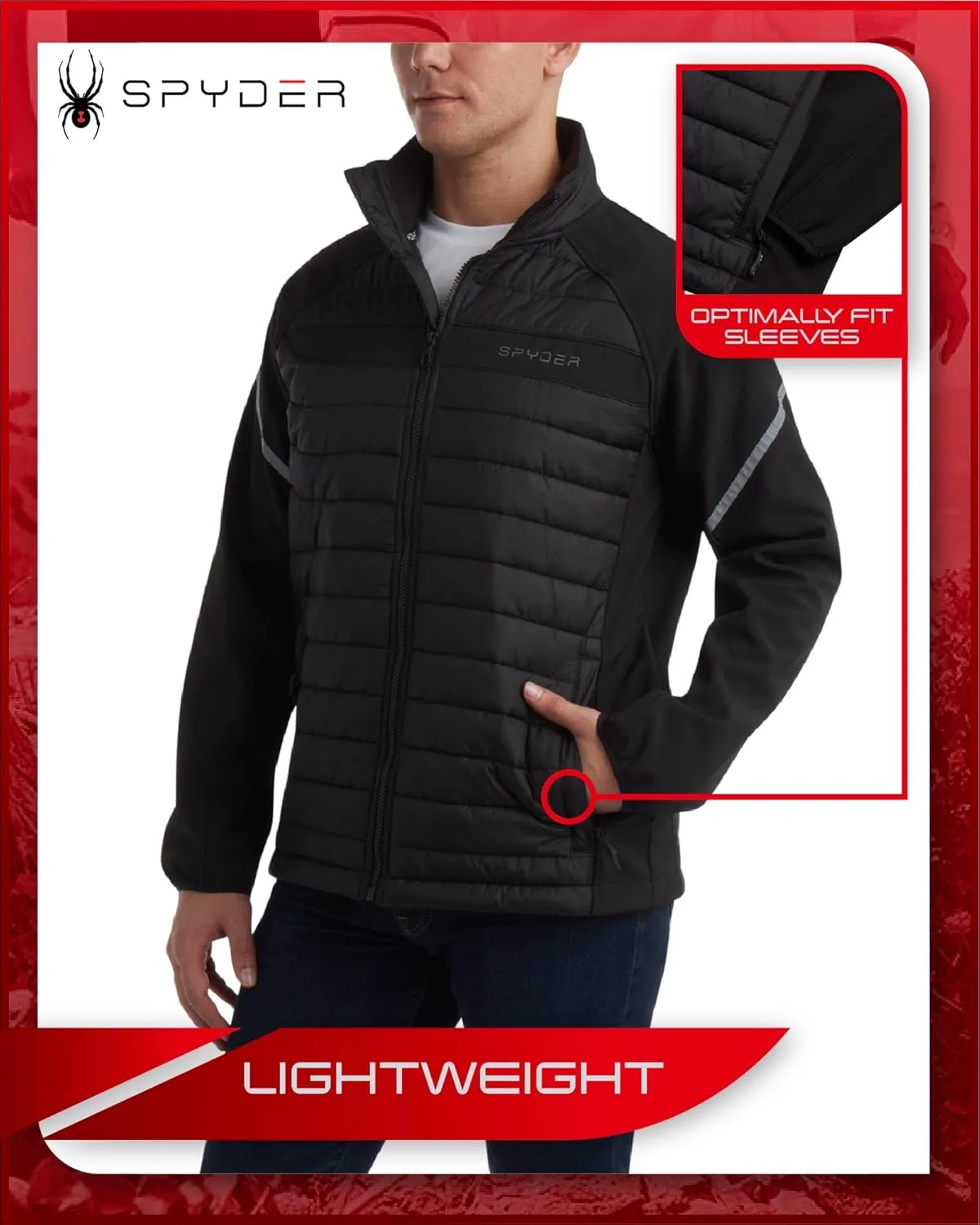 Spyder Men's Active 2fer Jacket - Midweight Insulated Quilted Puffer Bubble Windbreaker with Softshell Sleeves (Sizes: S-XL)