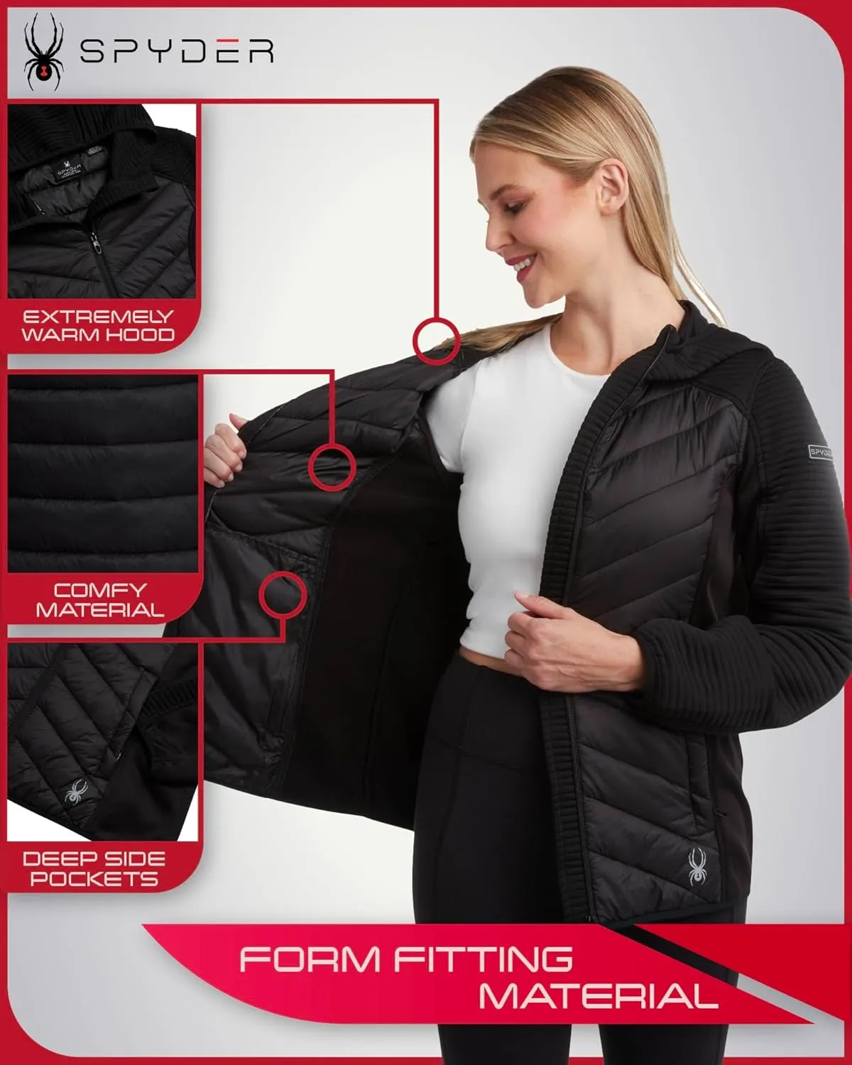 Spyder Women's Puffer Jacket - Mixed Fleece Insulated Winter Coat with Taffeta Panels- Quilted Hooded Jacket for Women (S-XL)