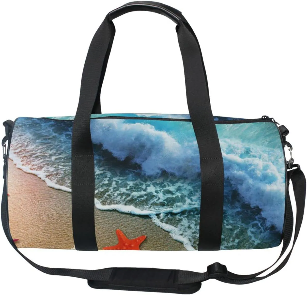 Starfish on the Beach Sand with Blue Ocean Water Waves Dolphin Duffel Bag, Foldable Canvas Travel Tote for Gym Sports with Inner Pockets, Durable Lightweight Fitness Bag for Overnight Workout