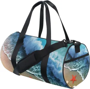 Starfish on the Beach Sand with Blue Ocean Water Waves Dolphin Duffel Bag, Foldable Canvas Travel Tote for Gym Sports with Inner Pockets, Durable Lightweight Fitness Bag for Overnight Workout