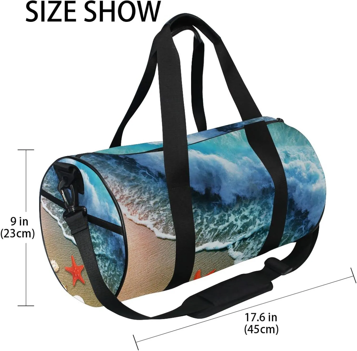 Starfish on the Beach Sand with Blue Ocean Water Waves Dolphin Duffel Bag, Foldable Canvas Travel Tote for Gym Sports with Inner Pockets, Durable Lightweight Fitness Bag for Overnight Workout