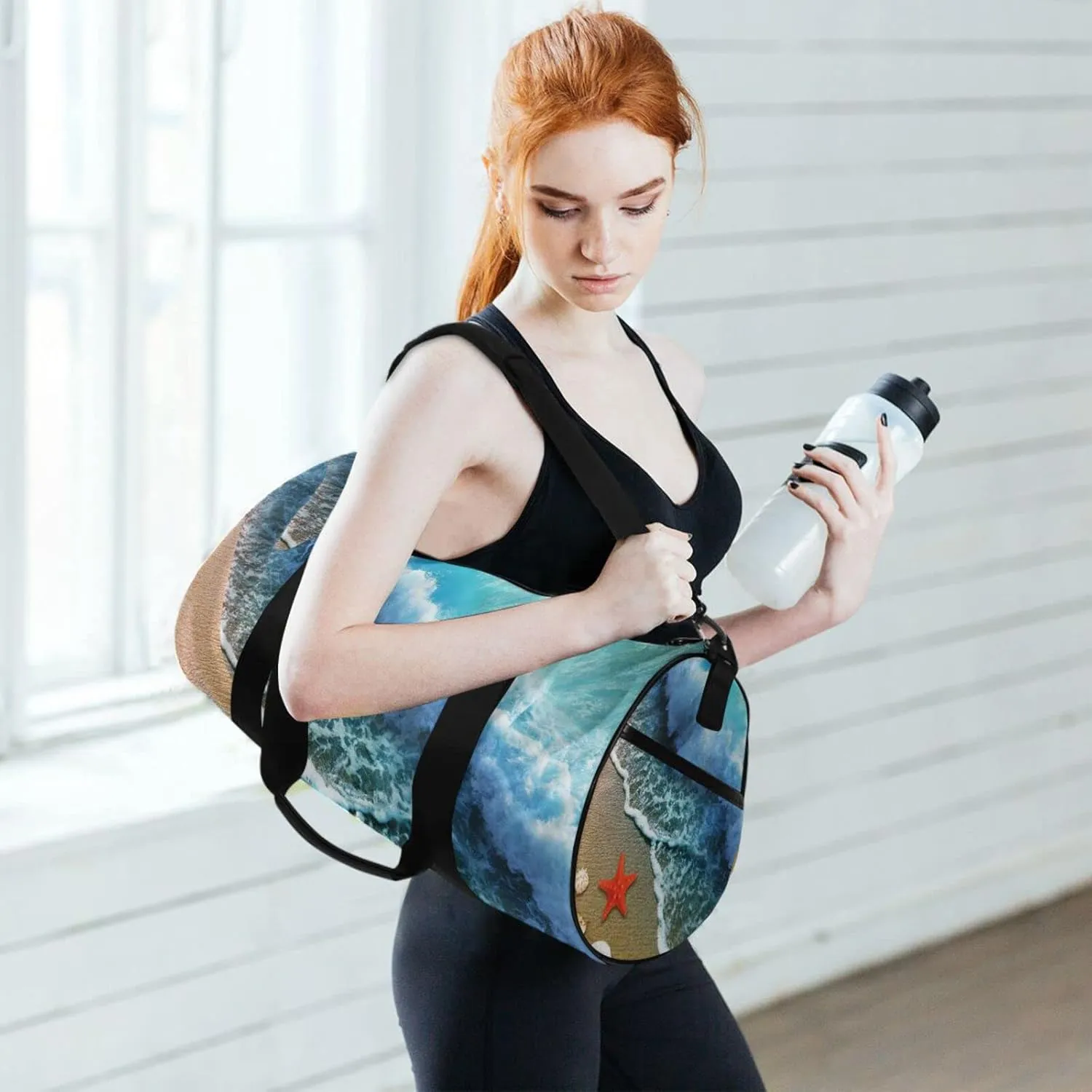 Starfish on the Beach Sand with Blue Ocean Water Waves Dolphin Duffel Bag, Foldable Canvas Travel Tote for Gym Sports with Inner Pockets, Durable Lightweight Fitness Bag for Overnight Workout